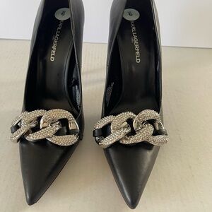 Karl Lagerfeld Black Heels with Dazzling Silver Chain